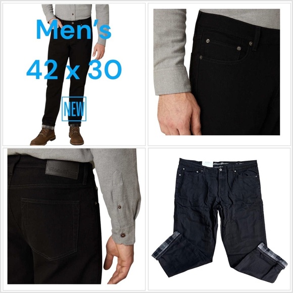 Men's Eddie Bauer 42 x 30 Pants Jeans Denim Black Flannel Warm Straight NWT - Picture 1 of 16